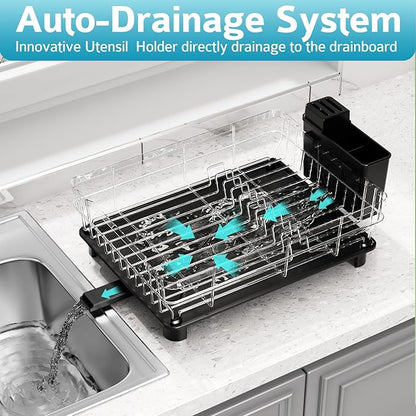Dish Drying Rack - Space Saving Dish Rack - Dish Racks for Kitchen Counter with Drainboard,Rustproof Dish Drainer with Removable Utensil Holder,Black
