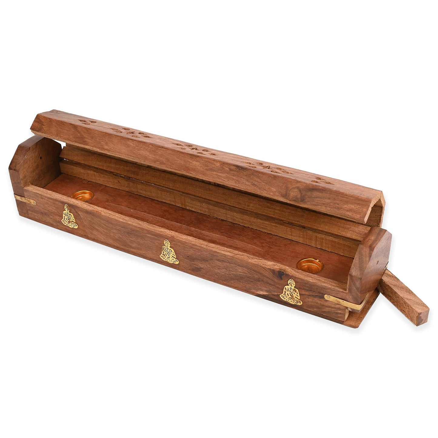 Incense Garden Pack of 2 Incense Stick Holder - Coffin Style - Wood Incense Stick Burner with Buddha Inlays (Natural) Handmade with Brass Inlays