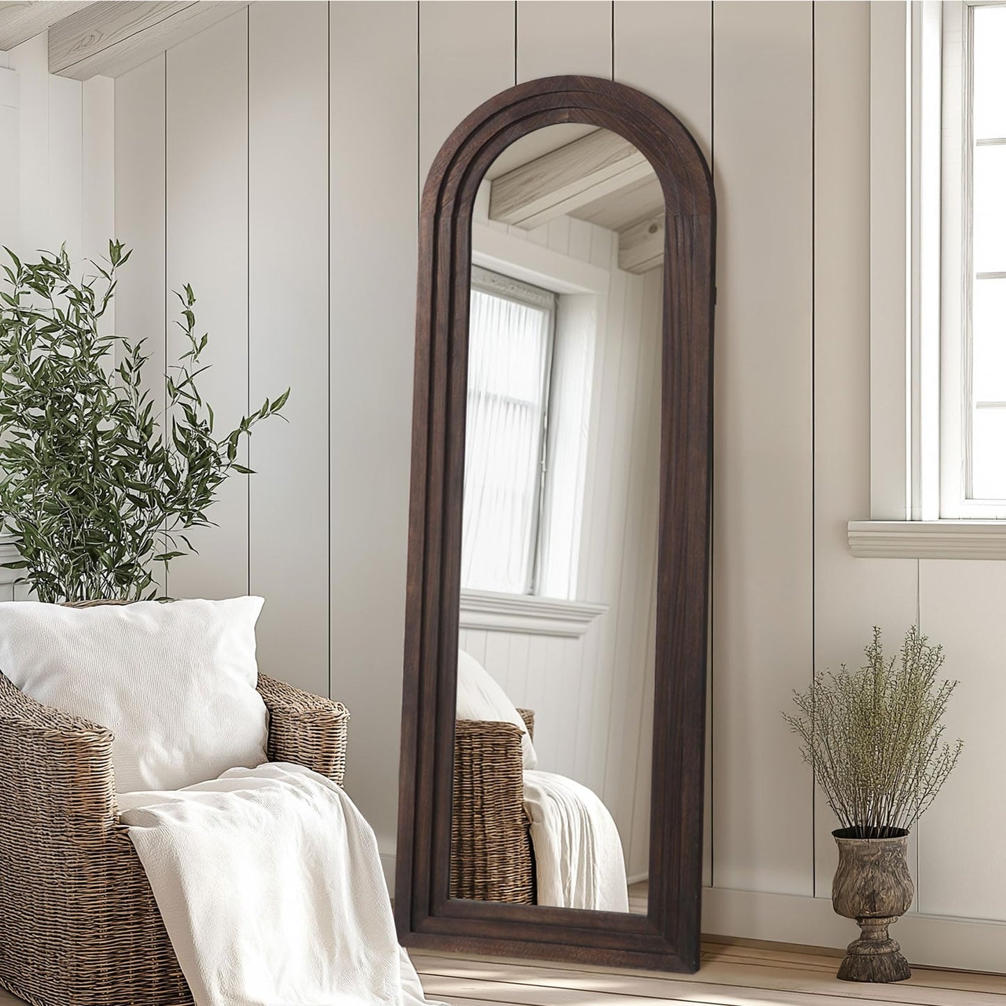Rustic Wood Floor Full Length Mirror with Stand, 64"X21" Farmhouse Arched Free Standing Mirror for Bedroom Living Room Store, Leaning or Wall Mounted, Tempered Glass, Brown