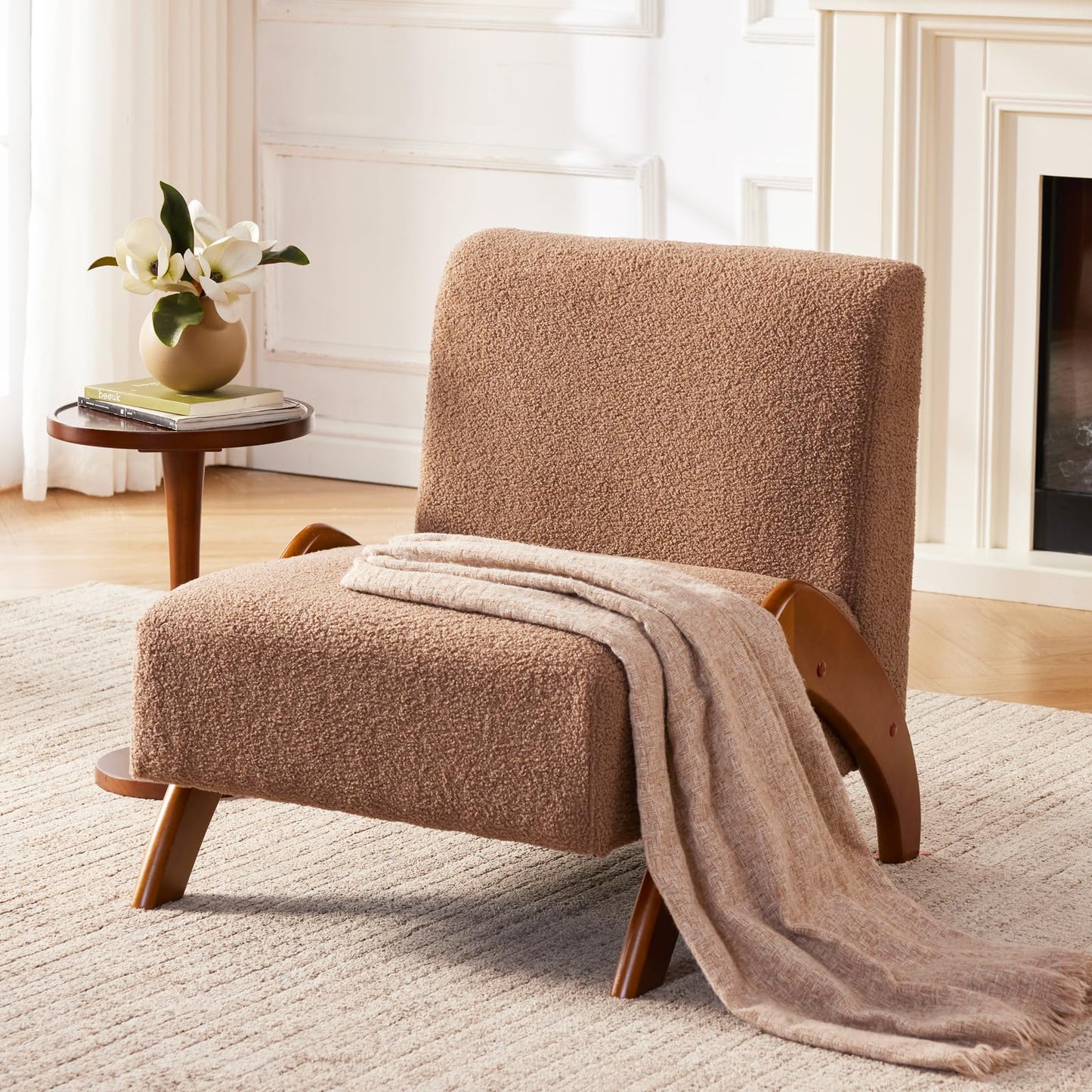 MILCIL Oversized Accent Chair, upholstered armless mid Century Modern Living Room Chair with Wooden Legs for Bedroom/Office/Cafe, Sherpa Brown