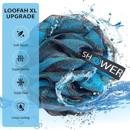 SHOWER BOUQUET Loofah-Charcoal Bath-Sponge XL-Color-4-Pack // Extra Large 75g Soft Mesh Black Luffa Loofa Loufa Puff Set/Exfoliating Body Scrubber for Women and Men - Exfoliate & Soothe Face & Body