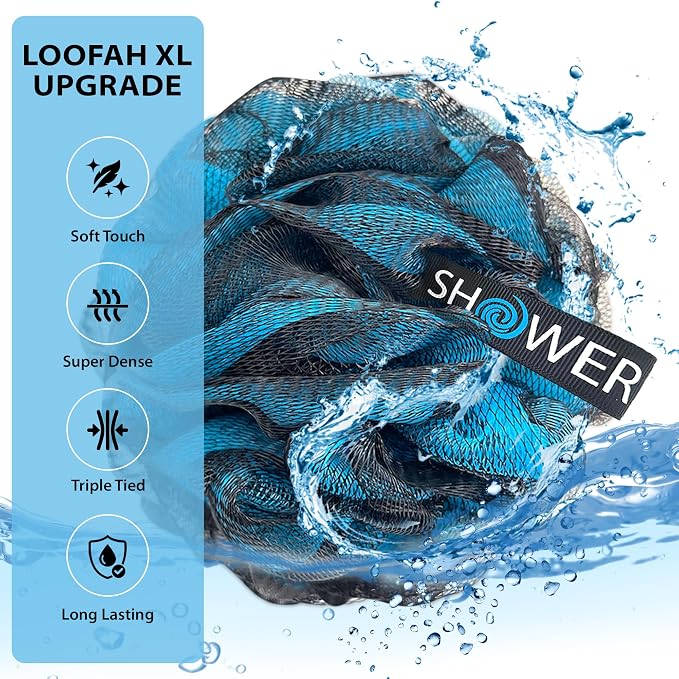 SHOWER BOUQUET Loofah-Charcoal Bath-Sponge XL-4-Pack-Blue-Green // Extra Large 75g Soft Mesh Color & Black Lufa Loofa Loufa Puff Set/Exfoliating Body Scrubber for Women and Men - Exfoliate & Soothe