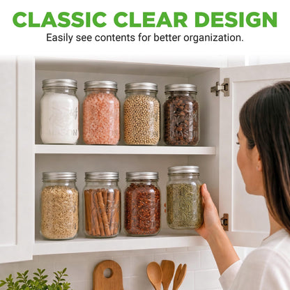 NutriChef 4-Pack 16 oz Mason Jars with Lids - Thick Glass Canning Jars with Stainless Steel Lids - Ideal for DIY Spices, Meal Prep, Overnight Oats, Jelly, Jam, Honey, Candles, Crafts, & More