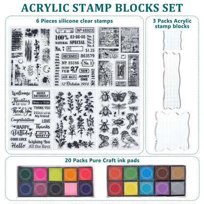 GLASSWINDS 29 Pcs Acrylic Stamps for Crafting Card Making Supplies Set Include 3 Acrylic Clear Stamp Blocks, 6 Clear Silicone Stamps Seals, 20 Craft Ink Pads Stamp for DIY Scrapbooking Journal