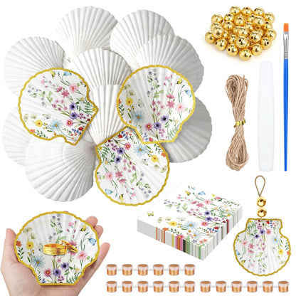 Gilprop 12 Pcs Large Scallop Shells for Shells Crafts 4''-5''with 24 Pcs Spring Wildflowers Decoupage Paper Napkin Acrylic Paint Strips Brushes Gold Bead for DIY Ornament Jewelry Tray