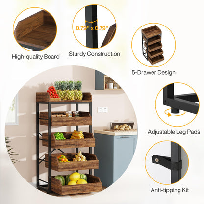 Tribesigns Wood Fruit and Vegetable Storage Rack, 5-Tier Pull-Out Snack Stand Fruit Basket Stand, Utility Shelf Organizer for Kitchen, Living Room, Bedroom, Rustic Brown
