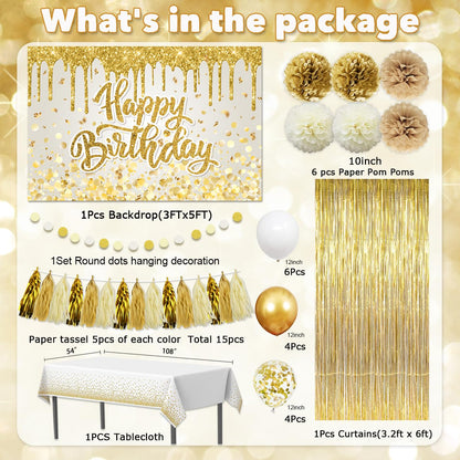 Gold Birthday Party Decorations Set for Women Girls - Happy Birthday Banner, Backdrop, White Balloons, Tassel Curtains, Dot Tablecloth - Party Supplies