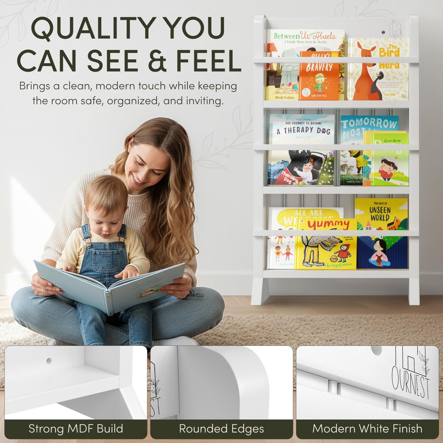 OurNest Kids/Baby Bookshelf Magnetic Sliding Whiteboard & Markers H-31–Three Tier Front-Facing Wooden Toddler for Reading, Creativity & Montessori–Nursery, Playroom & Classroom– Easy Assembly.