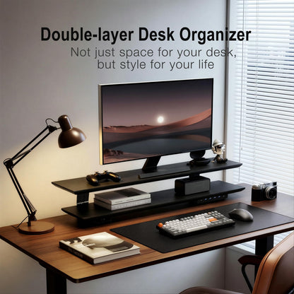 Furnny 2-Tier Dual Monitor Riser with 6-Port Hub – 39.4" Extra Wide Solid Wood Plywood Desk Stand for Dual Monitors, 30w Fast Charging USB C/A Ports, Heavy Duty Desk Organizer, Black Wood Grain Finish
