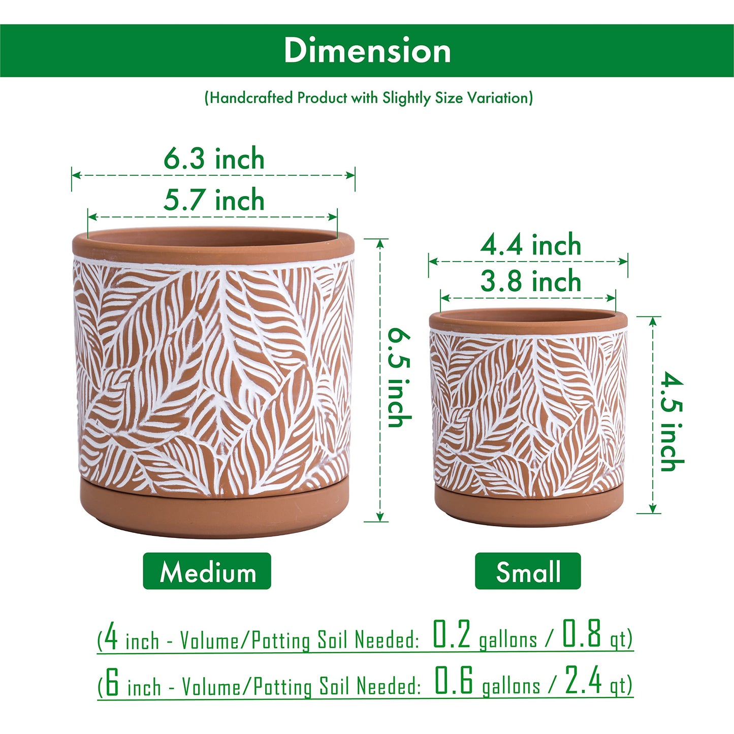 D'vine Dev Set of 2 Terracotta Pots, Leaf Pattern Planter Pot, 4 Inch and 6 Inch, Pot with Drainage Hole and Saucer, Terracotta/White, 31-958-T-1
