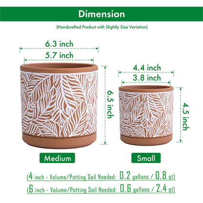 D'vine Dev Set of 2 Terracotta Pots, Leaf Pattern Planter Pot, 4 Inch and 6 Inch, Pot with Drainage Hole and Saucer, Terracotta/White, 31-958-T-1