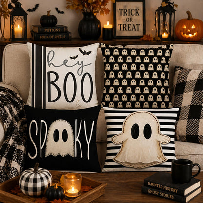 Juynyyn Halloween Hey Boo Cute Ghost Spooky Throw Pillow Covers, 18 x 18 Inch Horror Scary Cushion Case for Sofa Couch Set of 4