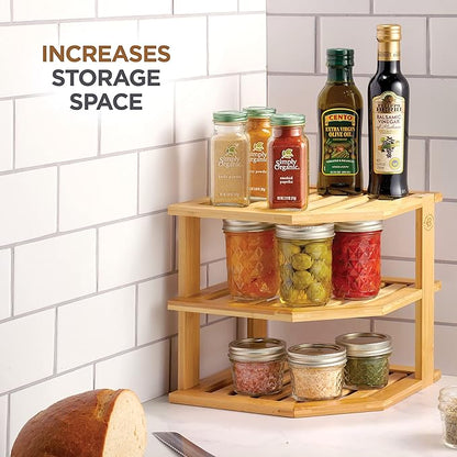 2-Pack Plate Organizer for Cabinet - 3 Tier Bamboo Corner Cabinet Organizer Shelf for Plates Bowls Mugs Cups, Kitchen Cabinet Organizer, Cabinet Shelf Organizer, Countertop Rack, 10 x 10 x 9.5 Inch