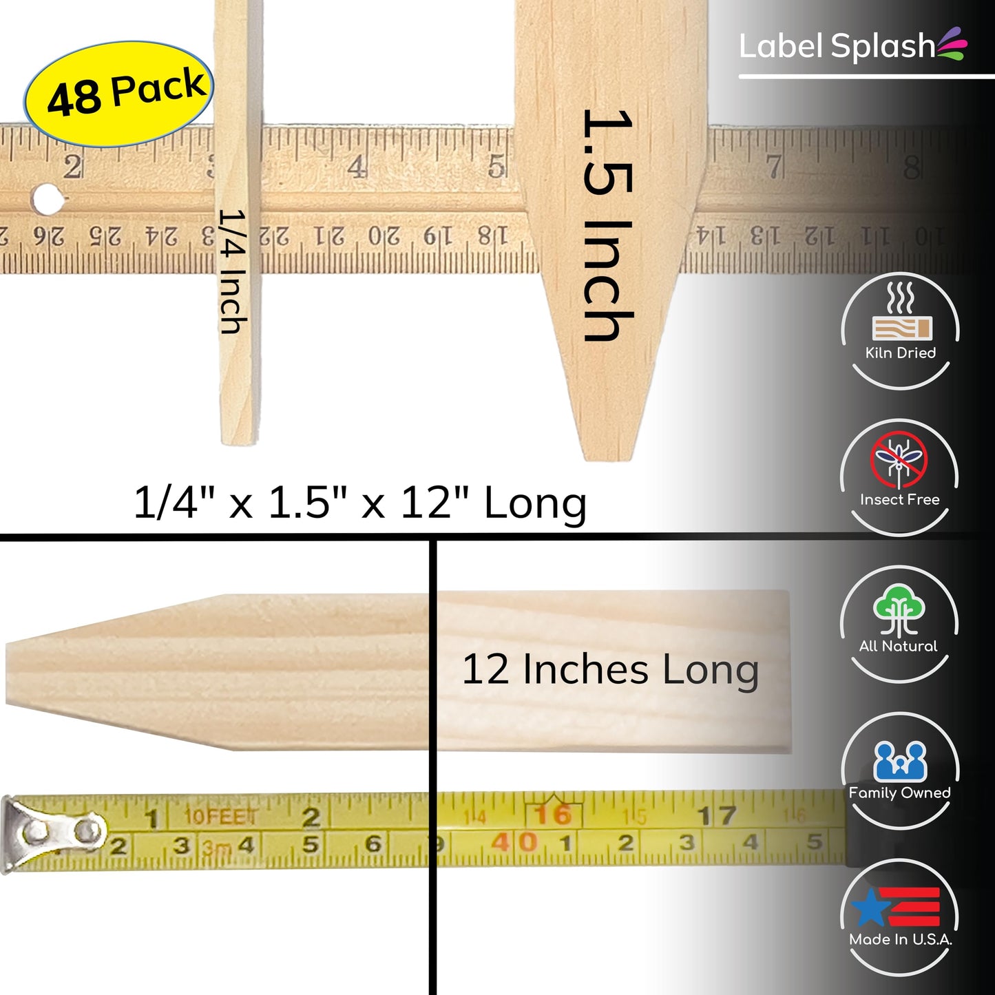 Wood Stakes 17.5" or 12" – 24 or 48 Pack Wooden Stakes for Marking, Paint Stir Sticks, Survey Stakes, Landscaping, Garden Markers, Craft Sticks, Shims, Construction, Plant Labels, Made in USA