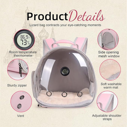 Bearded Dragon Travel Backpack Carrier with Reptile Thermometer and Humidity Gauge Lizard Travel Cage Space Capsule Clear Bubble Window Astronaut Reptile Carrier Bag for Ball Python (Pink, Backpack)