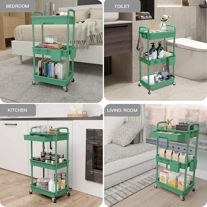 REBECAT 3 Tier Rolling Utility Cart with Drawer,Rolling Storage Cart,Storage Cart for Kitchen,Bathroom,Living Room, Organizer with Iron Wheels(Green)