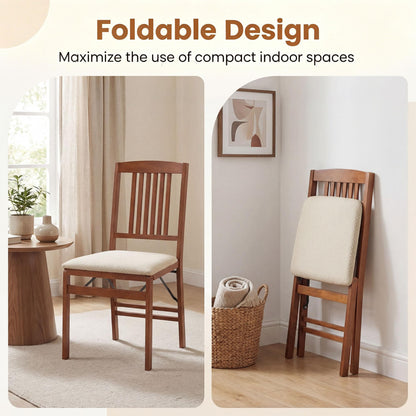 COSTWAY Folding Dining Chairs Set of 2, Wooden Kitchen Side Chairs w/Padded Seat, Solid Wood Frame, 420 LBS Load Bearing, No Assembly Needed, Vintage Foldable Chairs for Dining Room, Living Room