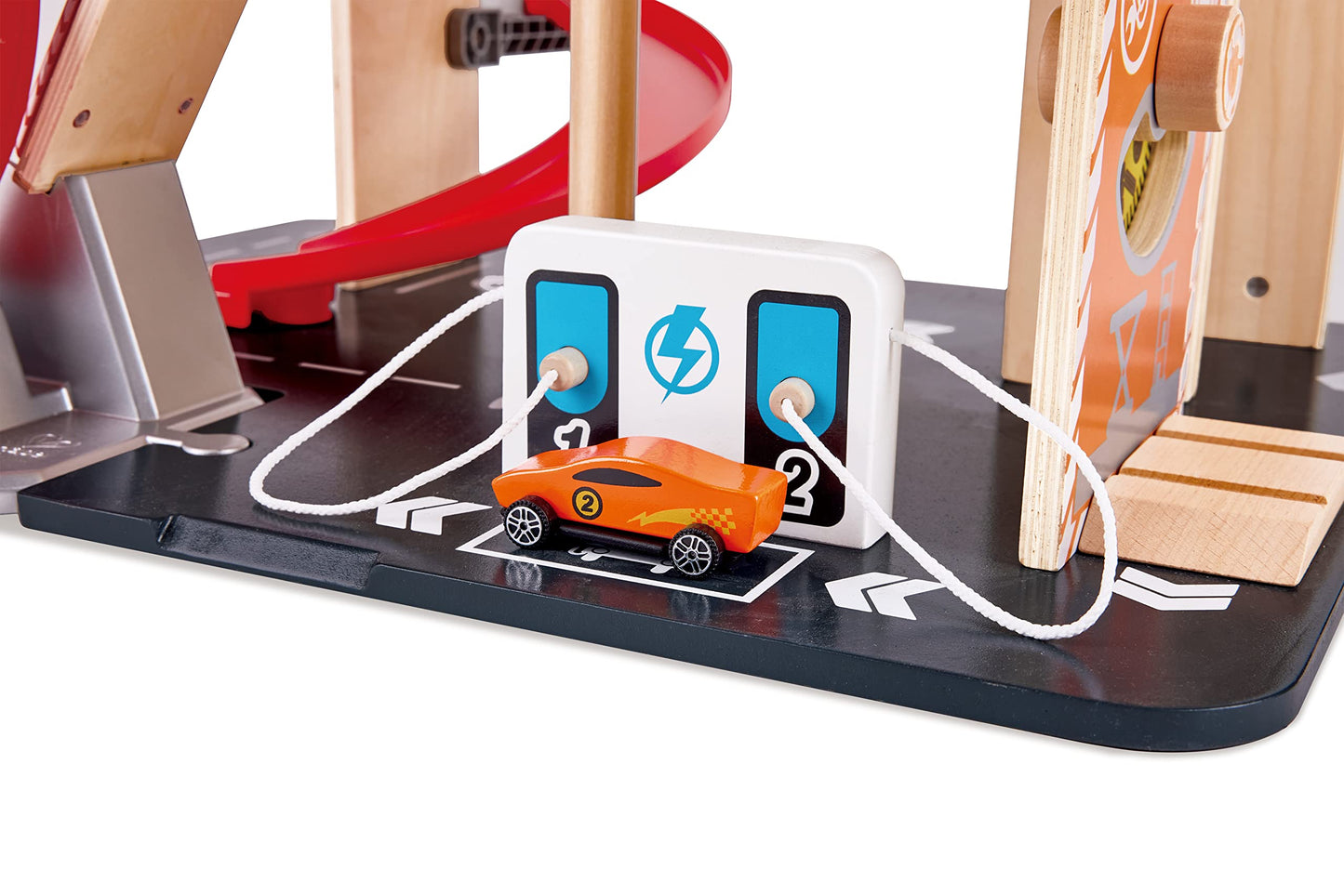 Hape Gearhead Stunt Garage Kids Wooden Toy Car Parking Garage Playset w/Elevator and 2 Exit Tracks, Detachable Loop, Includes 2 Wooden Toy Racecars