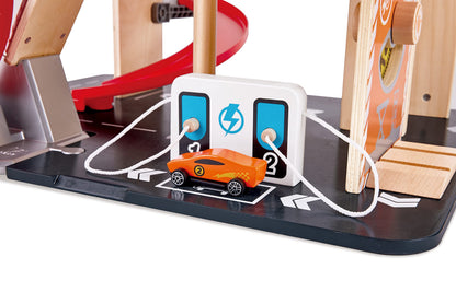 Hape Gearhead Stunt Garage Kids Wooden Toy Car Parking Garage Playset w/Elevator and 2 Exit Tracks, Detachable Loop, Includes 2 Wooden Toy Racecars