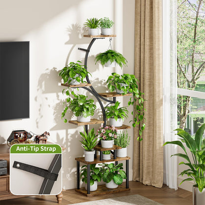 Plant Stand with Grow Lights for Indoor Plants, 8-Tiered Tall Corner Plant Shelf with Full Spectrum Light, S-Shaped Space-Saving Narrow Flower Holder, Anti-Tip for Living Room Bedroom Office, Brown