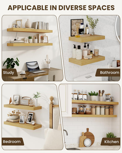 Marsmiles 32" Floating Shelves for Wall, Wooden Shelves with Invisible Brackets Set of 2, Rustic Farmhouse Wall Mounted Shelf for Kitchen Bathroom Living Room Study, Natural Oak