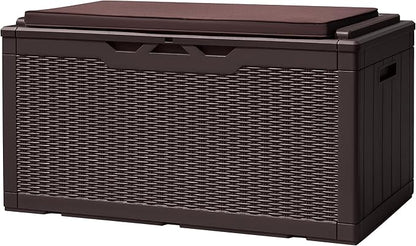 Devoko 100 Gallon Deck Box, Waterproof Resin Outdoor Storage Box with Cushion for Outside and Patio, Large Outdoor Storage Bench Cabinet Lockable for Patio Furniture and Garden Tools (Deep Brown)