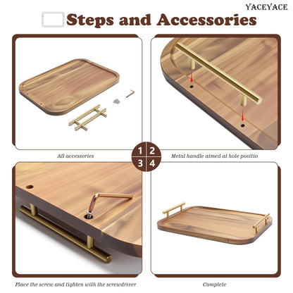 YACEYACE Large Wooden Tray, 15"x11.4"x1.75" Large Wood Trays with Metal Handles, Serving Tray for Kitchen Counter, Breakfast, Ottoman Coffee Table