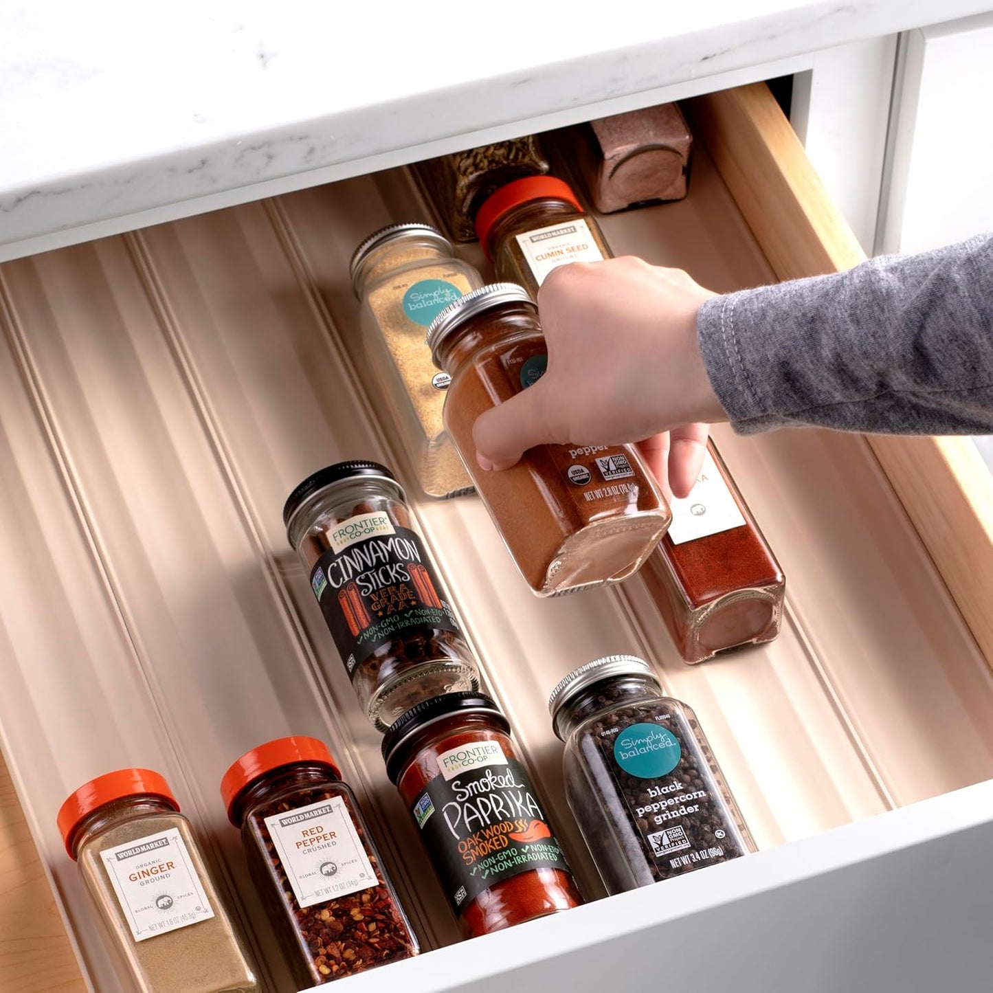 YouCopia SpiceLiner Adjustable Spice Drawer Liner, 10ft Roll, Sandstone, Seasoning and Spices Bottle Organizer Insert