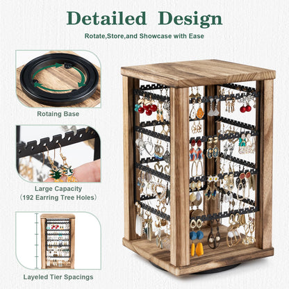 Emfogo 360 Earring Holder Organizer, Rustic Wood Earring Stand, Rotating Wooden Display, 4 Tiers Earring Organizer Stand for Stud Earrings, Hoop Earrings & Necklaces, Women Gifts