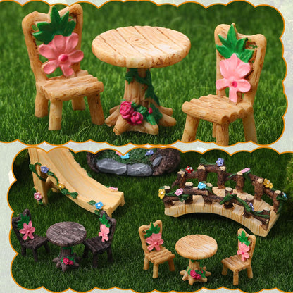 9 Pcs Fairy Garden Accessories - Miniature Garden Kit Landscape Decorations Table and Chairs Set Fairy Garden Furniture Ornaments Bridge Flower Slide Figurine for Terrarium Potted Plants, Dollhouse