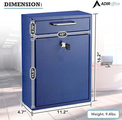 AdirOffice Mailboxes for Outside Wall Mount Large with Key Lock, Metal Locking Mailbox with Post Outdoor, Residential Mail Box Lock and Key, Cash Drop Box for Money, Parcel, Envelopes & Cards Blue