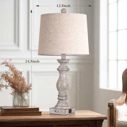 24.5" Table Lamp Set of 2, Rustic Farmhouse Bedside Lamps with USB A+C Charging Ports, 3-Way Dimmable Touch Control Nightstand Lamps for Living Room Bedroom, Antique Grey White, LED Bulbs Included