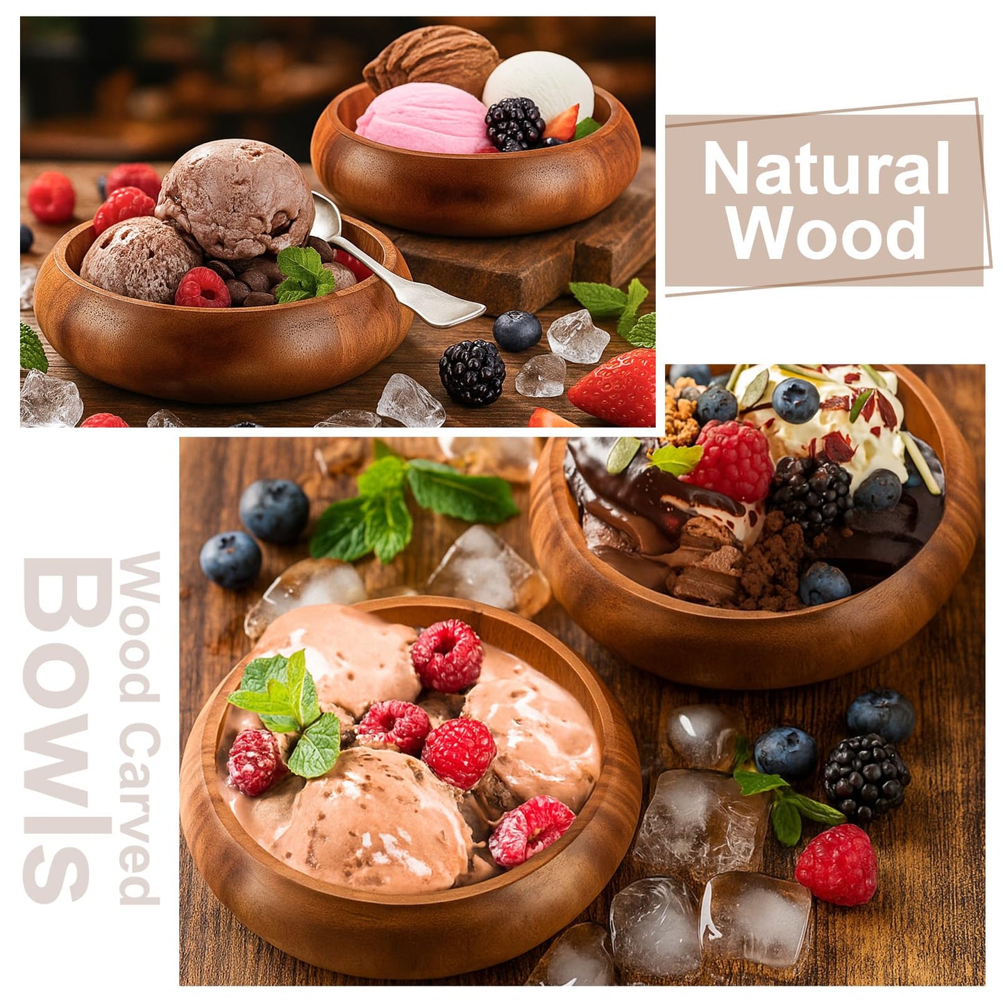 Honeydak 6 Pcs 7.87 Inches Acacia Wooden Bowls Calabash Salad Bowls Round Wood Hand Carved Dip Tray for Serving Popcorn Pasta Dessert Coconut Nuts Sauce Appetizers
