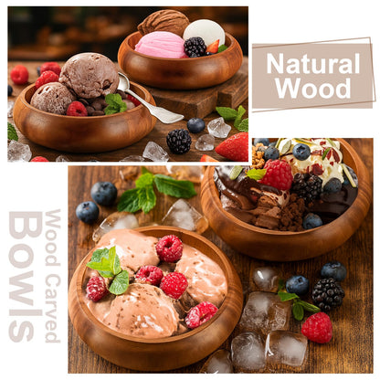 Honeydak 6 Pcs 7.87 Inches Acacia Wooden Bowls Calabash Salad Bowls Round Wood Hand Carved Dip Tray for Serving Popcorn Pasta Dessert Coconut Nuts Sauce Appetizers