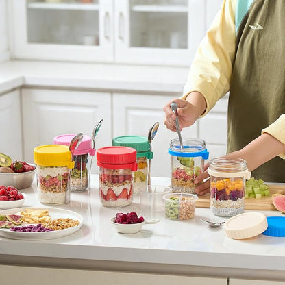 Danmu 16oz Overnight Oats Containers with Lids,Parfait Cups with lids Removable Dressing Cup & Spoon,Leak-Proof Parfait & Salad Jars for Breakfast,Office,Gym 6 Pack