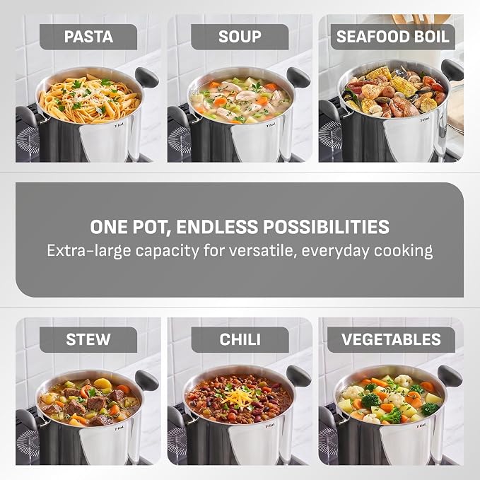 T-fal Specialty Stainless Steel 20-Quart Stock Pot with Lid, Induction Compatible, Soup Pasta Pot, Dishwasher-Safe, Oven Safe Up To 350, Silver