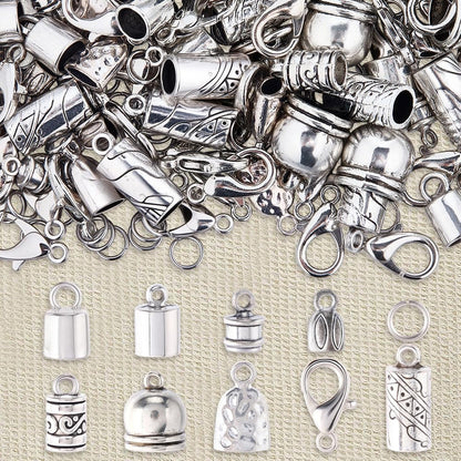 SUNNYCLUE 1 Box 230pcs Tassel Cord End Caps Kumihimo Cord Ends Antique Silver Tibetan Crimp Glue in Barrel Leather Thread End Terminator Tips with Lobster Clasp for Jewelry Making Kits Bracelets DIY