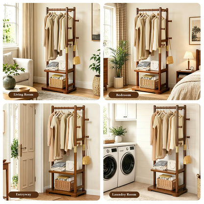 Taitiy Coat Rack Solid Wood Clothes Rack with 2 Shelves & 5 Hooks for Hanging Clothes Garment Wallets Hats, Clothing Rack Coat Rack Freestanding Hall Tree with Storage for Hallway Bedroom Living Room