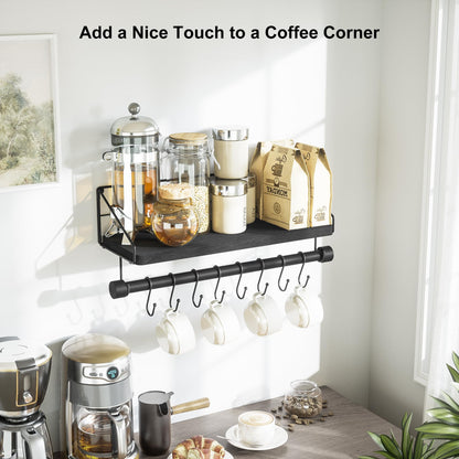 Alsonerbay Floating Shelves Wall Shelves for Bedroom, Bathroom Shelves Wall Mounted with Towel Bar, Kitchen Rustic Wood Shelf with Hooks for Hanging Cooking Utensils or Mugs