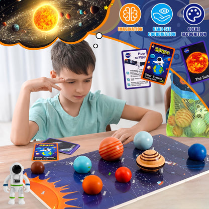 COOLDUCK 30 Pcs Wooden Solar System Model Board Toy Kit, Montessori Planet Balls Toys with Astronaut Figures, Preschool Learning Educational Puzzle, Space Knowledge Flash Cards Learning Toys for Kids