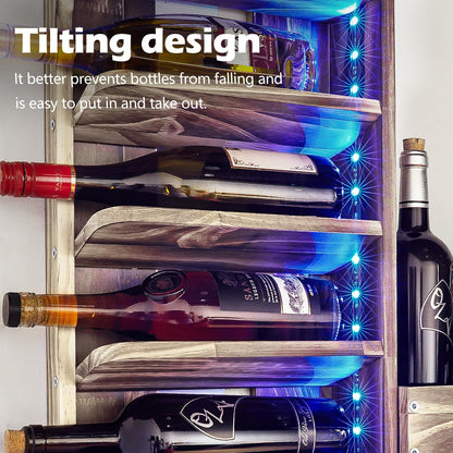 Homde Wine Rack with LED Light Wall Mounted Wood,Alcohol Shelf with Bottle Stemware Glass Holder Rustic, Liquor Display Storage with Cork Storage for Home Bar Kitchen Decor