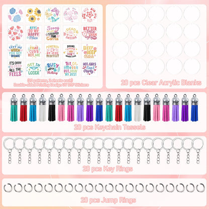 Shejdgart Acrylic Keychain Blanks Kit - 60 Pcs Clear Acrylic Blanks Set with 40 Sheet Double-Sided Printing Funny Humorous Quotes Cold UV DTF Transfer Stickers Tassels, DIY Keychain Crafts Gift