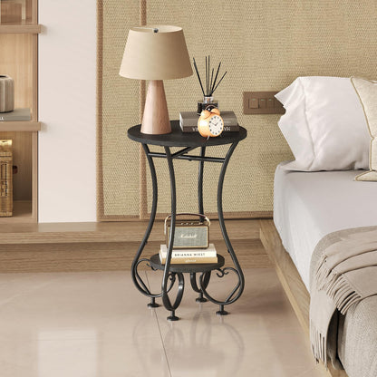 X-cosrack Small Round Side Table,Round End Table for Small Spaces - Black Metal Nightstand with Adjustable Feet,Couch Sofa Coffee Table,Retro Accent Table for Living Room Bedroom Balcony