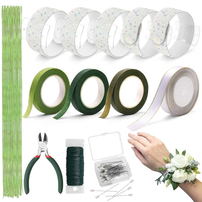 AHIER 161 PCS DIY Wrist Corsage Making Kit with 5P Wrist Corsage Bracelets, Floral Wire and Cutter, Floral Tape, Pin, Ribbon for Wedding Party Boutonniere Supplies