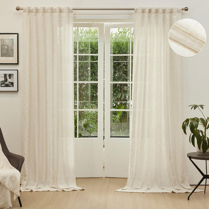 MYSKY HOME Linen Curtains for Sliding Glass Door, Back Tab Semi Sheer Curtain Panels Extra Long Floor Length Drapes Linen Texture Soft Touch Country Curtains, 50x102 Inch, Linen, Set of 2