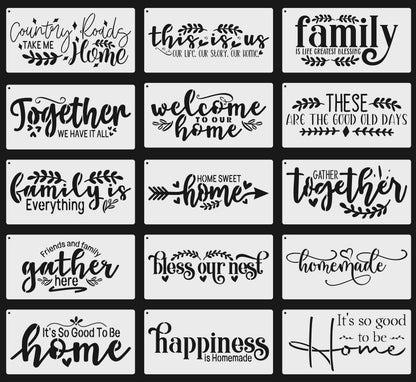 15PCS Reusable Farmhouse Word Stencils for Painting on Wood, Canvas, Fabric - Inspirational Art Craft Kit for Family, Furniture, Walls, and More - Create Welcome Signs, Shirts, and Cards