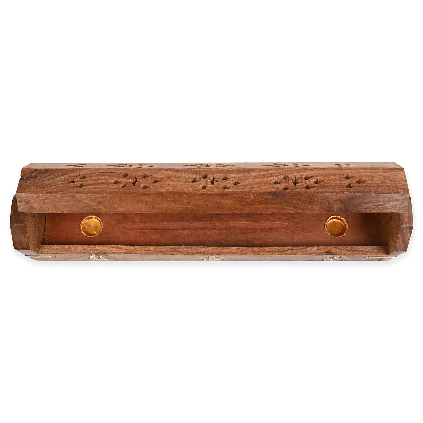 Incense Garden Pack of 2 Incense Stick Holder - Coffin Style - Wood Incense Stick Burner with Buddha Inlays (Natural) Handmade with Brass Inlays