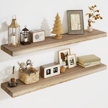 Solid Wood Floating Shelves for Wall 36"W x 8"D x 1.56"H Set of 2, Deep Wall Shelves for Living Room Bedroom Bathroom Kitchen Decor Storage with Invisible Heavy-Duty Metal Bracket, Carbonized Black