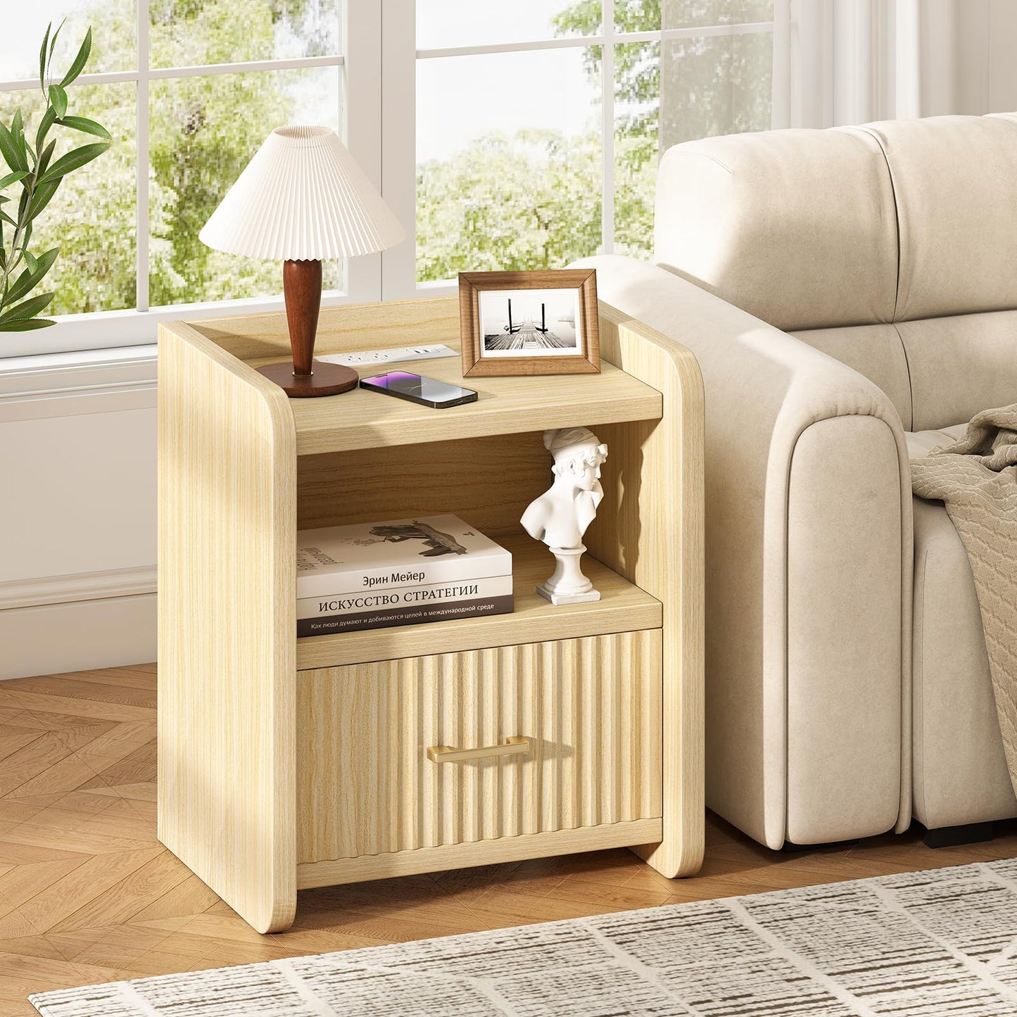 Curlaky Night Stand with Charger Station - Modern Wood Nightstand with Drawer Storage, Fluted Wide Nightstands Bedside Table, Mid Century Night Stands for Bedroom Home Office Sofa, Natural