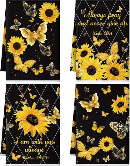 Bencailor 4 Pcs Sunflower Kitchen Towels Butterfly Flower Hand Dish Towels